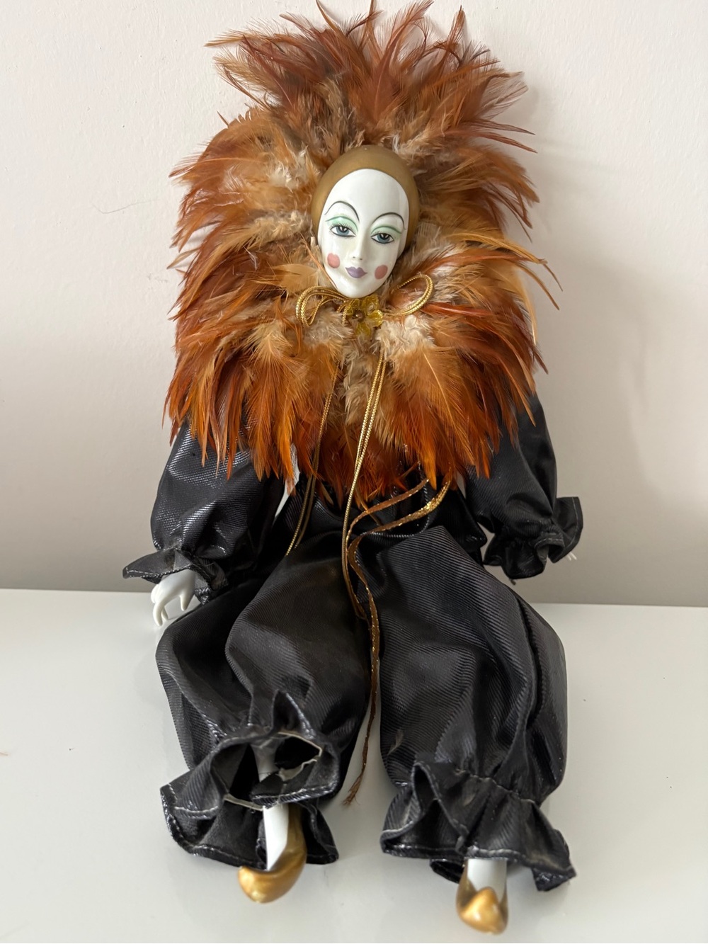 Vintage Pierrot Clown Doll Harlequin Venetian Hand Painted Porcelain 16” +
